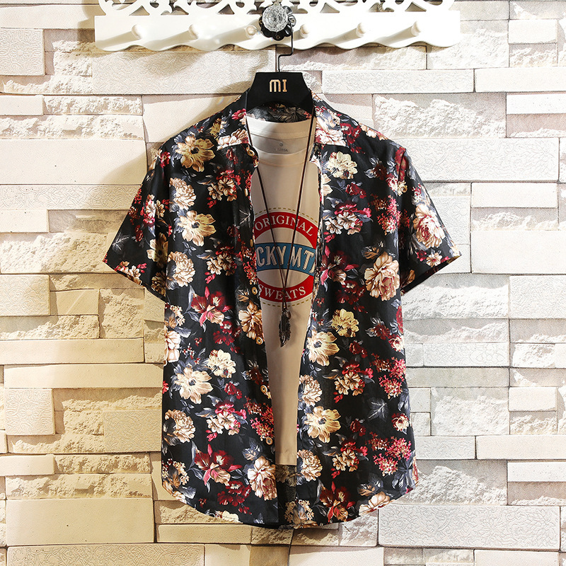 Factory direct men's pure cotton personalized fashion brand printed short sleeve thin lapel shirt men's inch outer wear