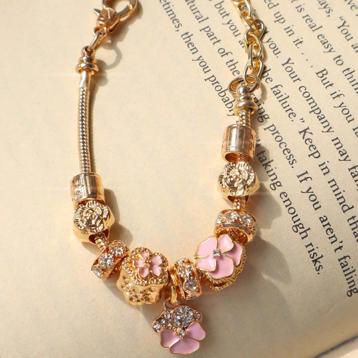 Pulsera Pan Dora DIY con cuentas Explosión transfronteriza Rhinestone Pink Oil Flower Pulsera Moda Joyas image 4