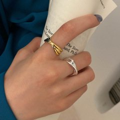 新款交叉戒指女韓國個性簡約開口調節指環金色質感跨境配飾