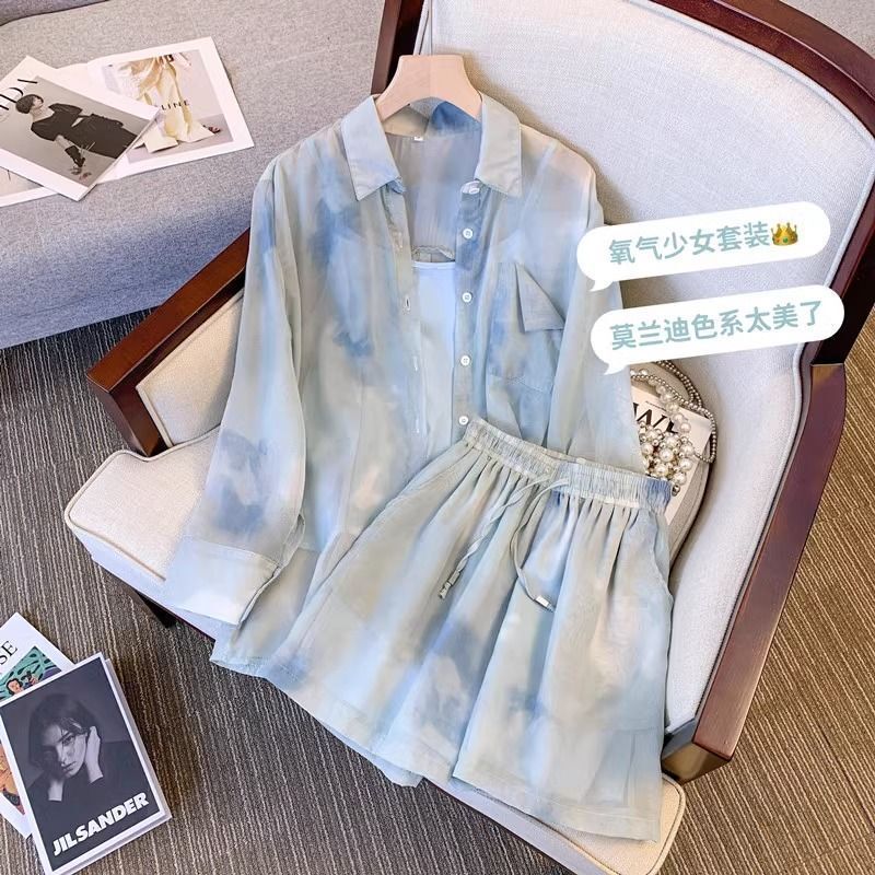 [48 hours delivery] plus size women's 2023 fat sister summer new fashion suit tie-dyed chiffon shirt