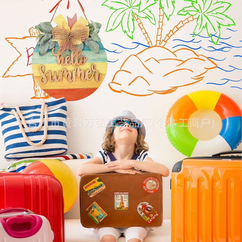 Cross-border Hot Summer New Arrival Round Wreath Wooden Door Hanging Hanging Hanging Wooden Home Front Door Plate Decoration