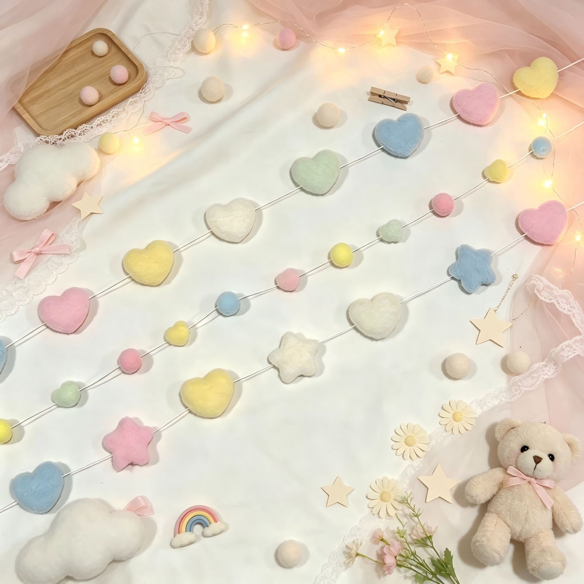 Ins-style home accessories for children's rooms, plush star and heart pom-pom string decorations, bedside background pendants 2