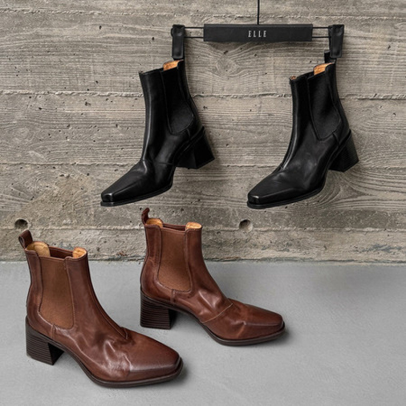 First-Layer Cowhide ~ British Style Square Toe Thick Heel Chelsea Boots for Women 2025 Autumn and Winter New High-Heeled Short Boots Boots