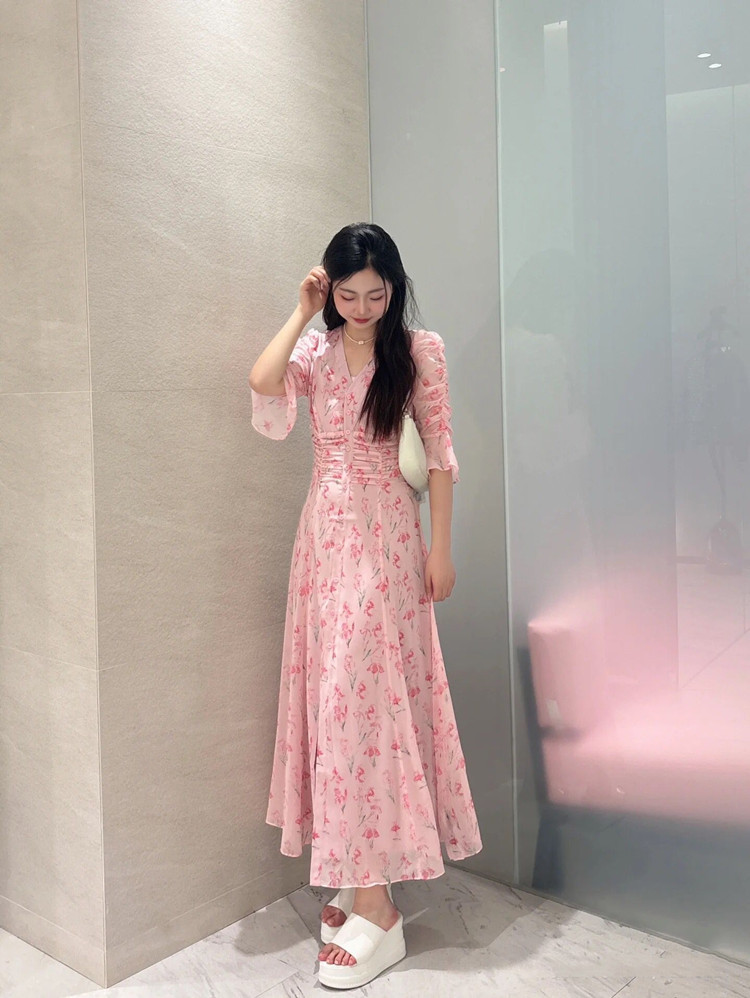 Đầm maxi nữ thắt eo họa tiết hoa nhí kiểu Pháp — Hồng anh đào mộng mơ chi tiết 6