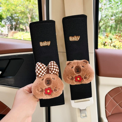 Cyber Celebrous Capybara Pendant Doll Seat belt shoulder pad - capybara-capibala-half-body-red-flower-black-ice-silk-shoulder-cover-2-pack