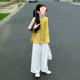 女童新中式套装夏季女童国风两件套中大童旗袍无袖上衣阔腿裤潮款