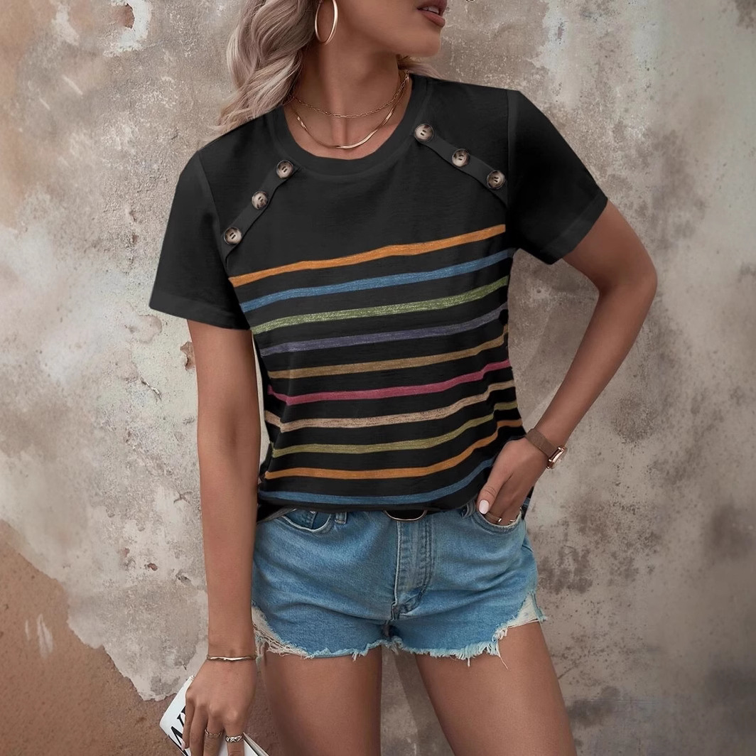 Blusa Casual de Verano para Mujer, Estilo Europeo y Americano, con Estampado de Rayas y Botones, Manga Corta, Nueva Colección 2026