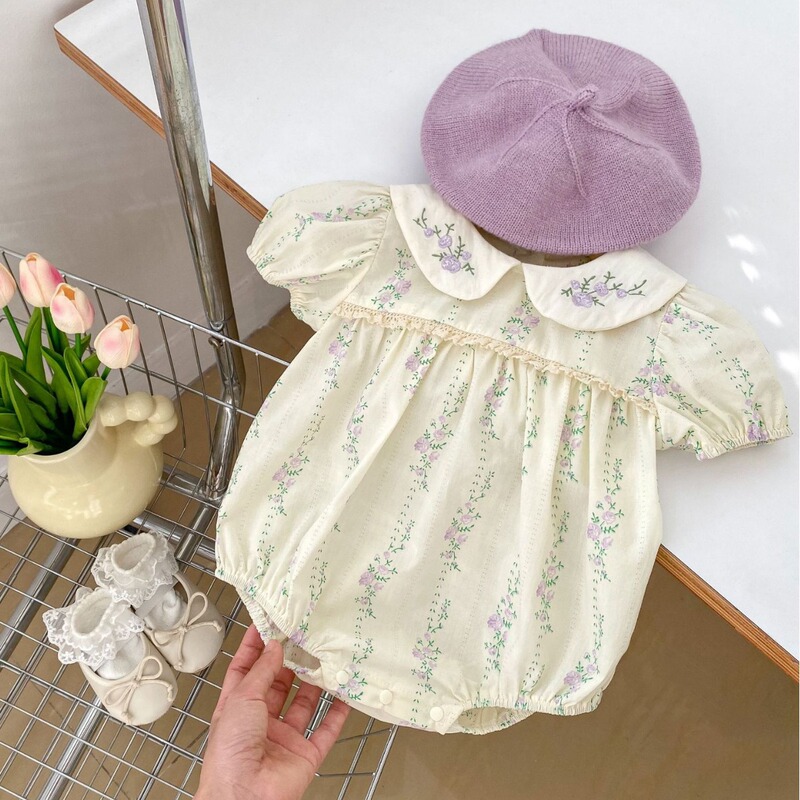 Baby Girl Summer Clothes Sweet Purple Flower Short-sleeved Fat Wrap All-match Embroidered Doll Collar Uniform Dress for Climbing Clothes