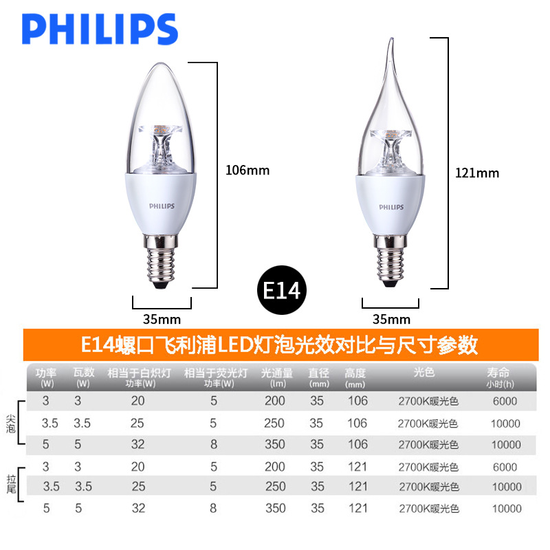 Philips Led Candle Lamp Energy-Saving Lamp Tip Bulb E14 3W Crystal Lamp Replacement Special Led Bulb Light Source 10 Pieces