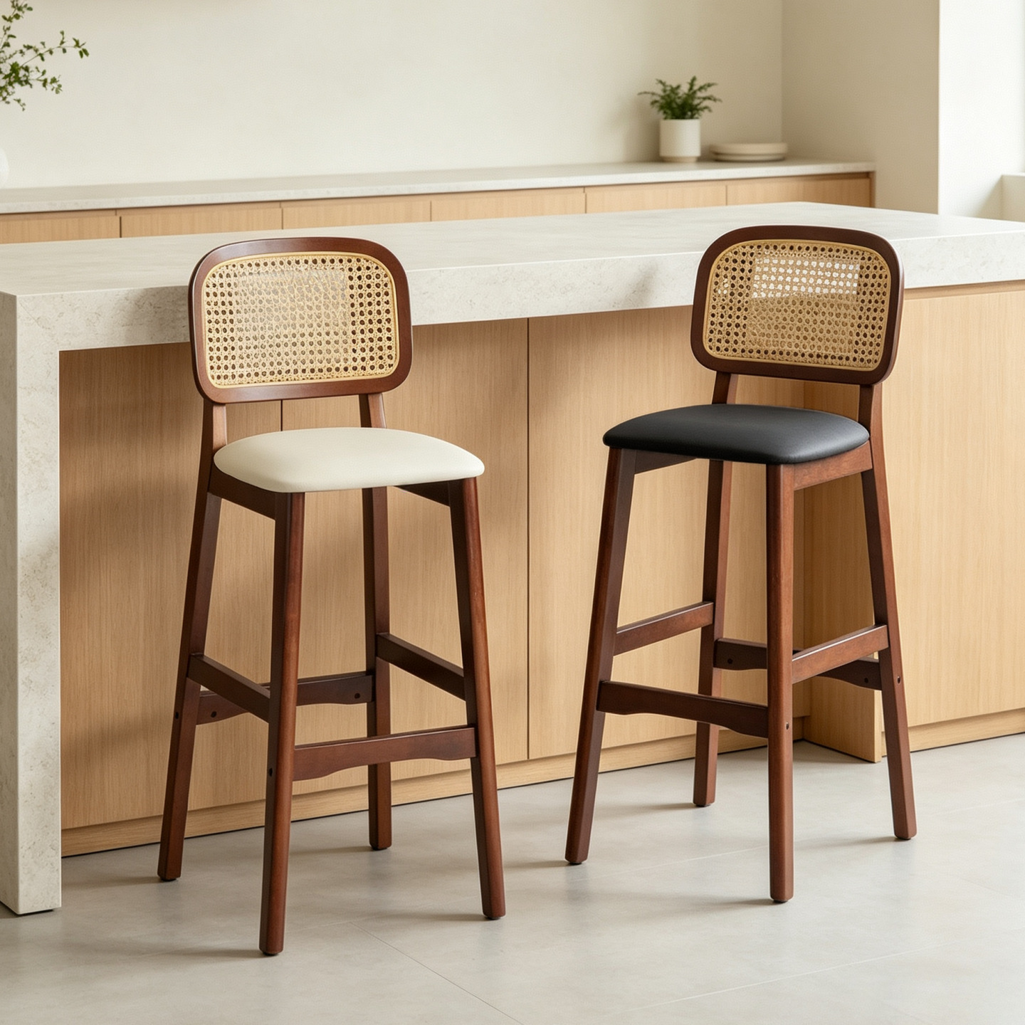Light luxury solid wood bar chair, rattan bar chair, home kitchen island chair, wabi-sabi style bar high-back stool