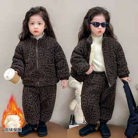 女童豹纹加绒加厚套装2025冬季新款儿童韩版时尚小女孩保暖两件套