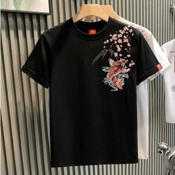 2025 New Arrival Summer Chinese Style Embroidered Koi Casual T-shirt Short-sleeved Men's Youth Heavy Industry Fashion T-shirt Ins Trendy