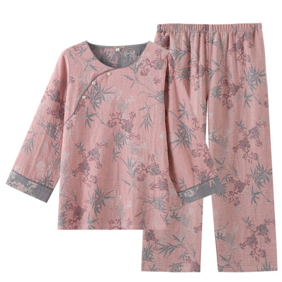 New Cotton Double Layer Yarn-dyed Jacquard Gauze Women's Pajamas Spring and Autumn Thin Seven-point Sleeve Round Neck Home Suit