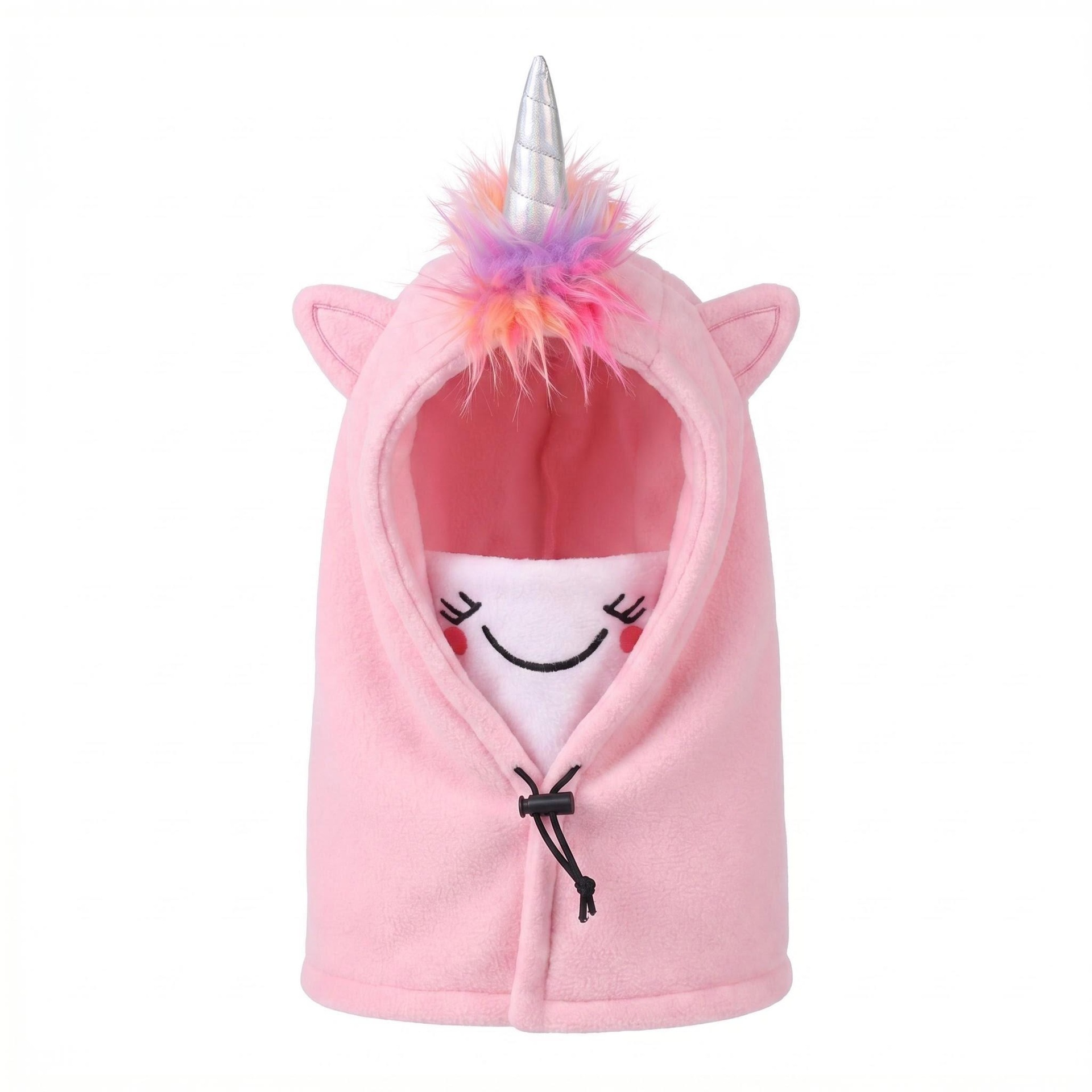 Children's Unicorn Fleece Hood, Autumn and Winter Cartoon Hat and Neck Warmer, Outdoor Ski Windproof Face Protector