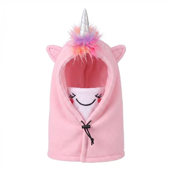 Children's Unicorn Fleece Hood, Autumn and Winter Cartoon Hat and Neck Warmer, Outdoor Ski Windproof Face Protector