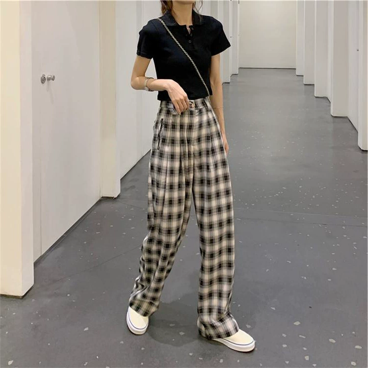 Черно-белые клетчатые брюки женские брюки свободные прямые драпировки с высокой талией для похудения 2023 новые летние тонкие повседневные широкие брюки