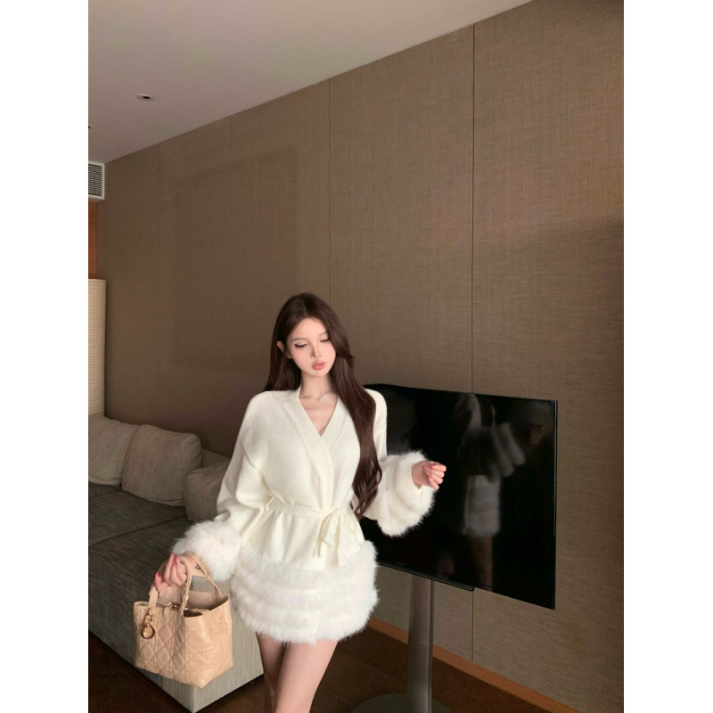 名媛慵懒迷人温柔气质毛毛拼接领系带针织开衫上衣秋冬外套女|undefined