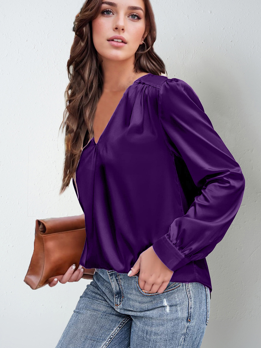 Camisa de satén plisada de manga larga con cuello en V para mujer, estilo casual y holgado, ideal para el día a día, éxito de ventas en Amazon 2026
