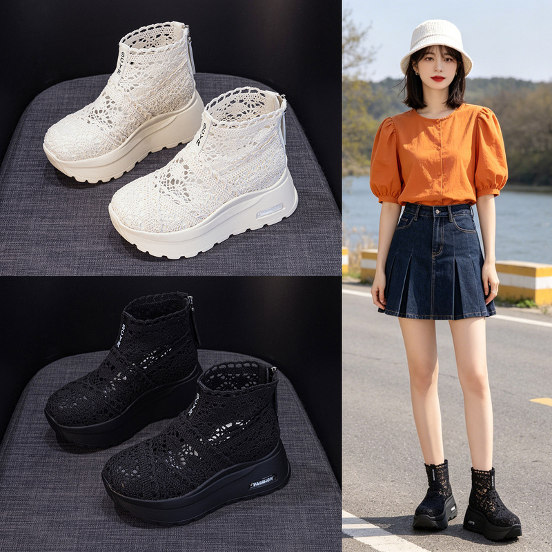 Thick-Soled Breathable Lace Women's Shoes 2026 Summer New Style Casual Fashion Outdoor Hollow-Out High-Top Sneakers Thick-Soled Breathable Lace Women's Shoes 2026 Summer New Style Casual Fashion Outdoor Hollow-Out High-Top Sneakers