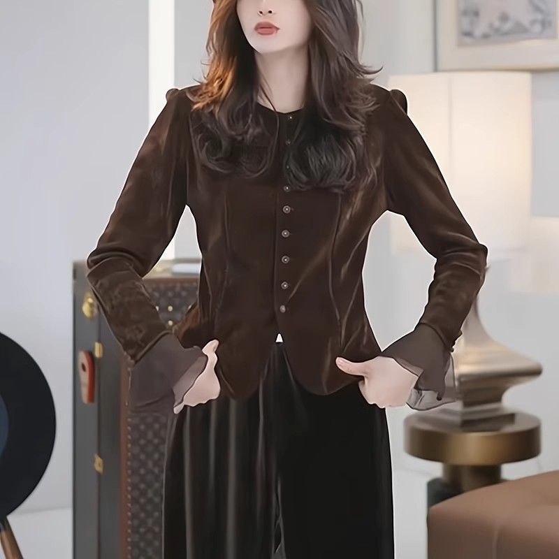 金丝绒新款收腰衬衫女欧美洋气2025妈妈显瘦上衣气质秋冬复古|undefined