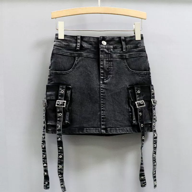 Ретро черно-серая сексуальная юбка с лентой, милая и стильная джинсовая юбка для женщин, весна-лето 2025, высокая талия, эластичная юбка-миди для работы и повседневной носки