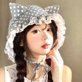 韩系灰色波点猫咪耳朵包头帽女y2k亚文化软萌蕾丝花边套头帽子潮