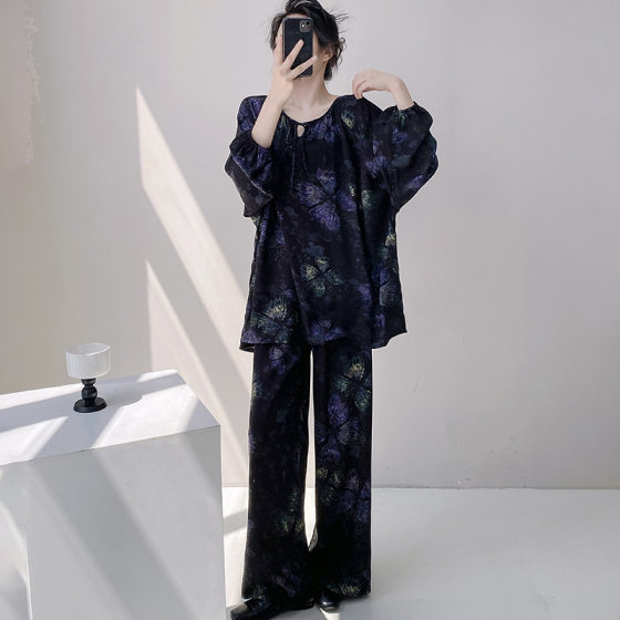 25 New Pajamas Women's Spring and Autumn Cotton Silk Long Sleeve Solid Color Loose 200 Jin Home Wear Summer Thin Outer Wear Pajamas