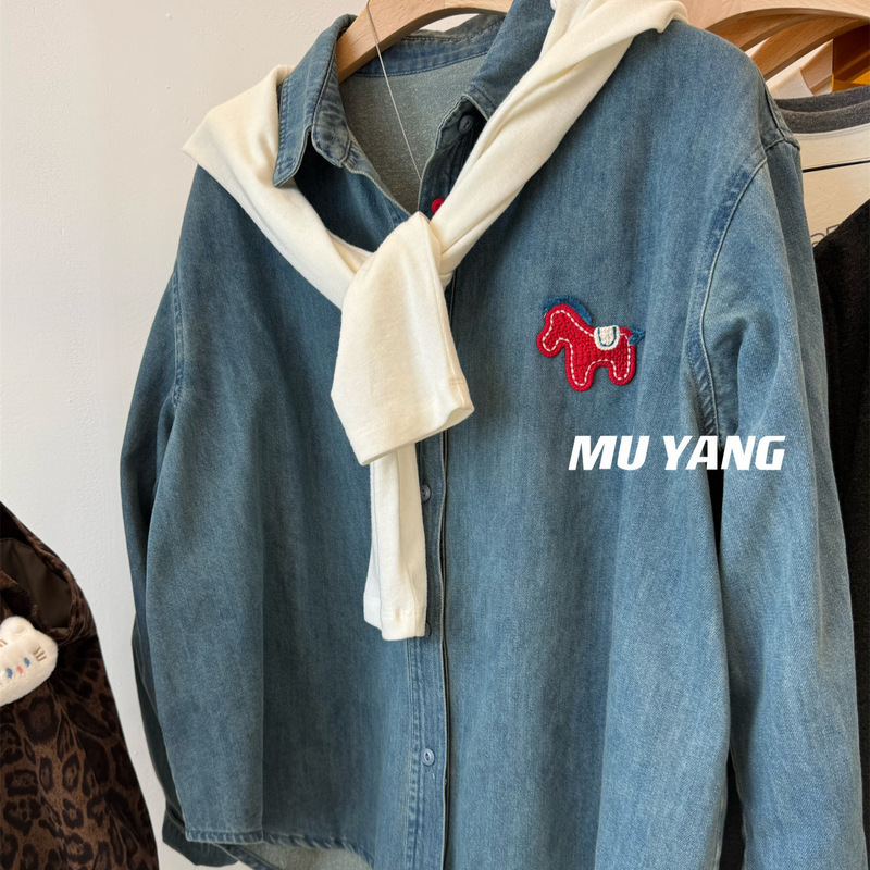 Muyang Festive Atmosphere Elements! Red Horse Cowboy Shirt Layered with Washed Fabric Long-Sleeve Shirt Muyang Festive Atmosphere Elements! Red Horse Cowboy Shirt Layered with Washed Fabric Long-Sleeve Shirt