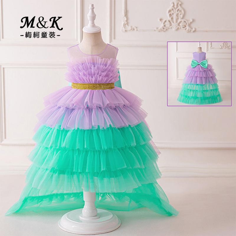 Vestido de niñas sirena vestido de princesa pastel de malla de cola de malla de arco de malla