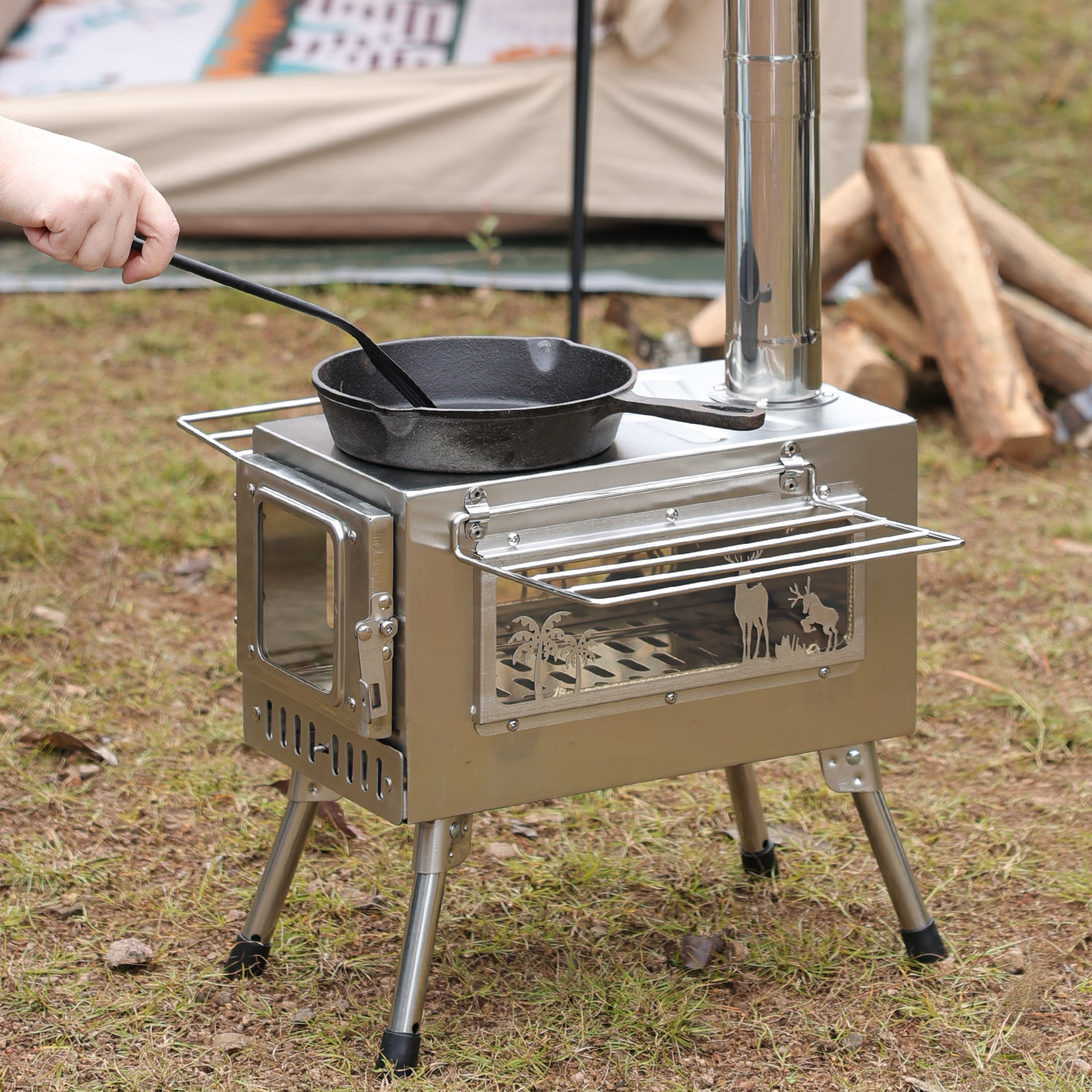 Estufa de leña portátil plegable de acero inoxidable para acampar, calentamiento de tiendas de campaña, estufa para exteriores, venta al por mayor.