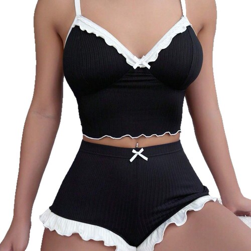 Hot-selling casual pajamas for women: lace V-neck camisole with ruffled shorts—comfortable loungewear.