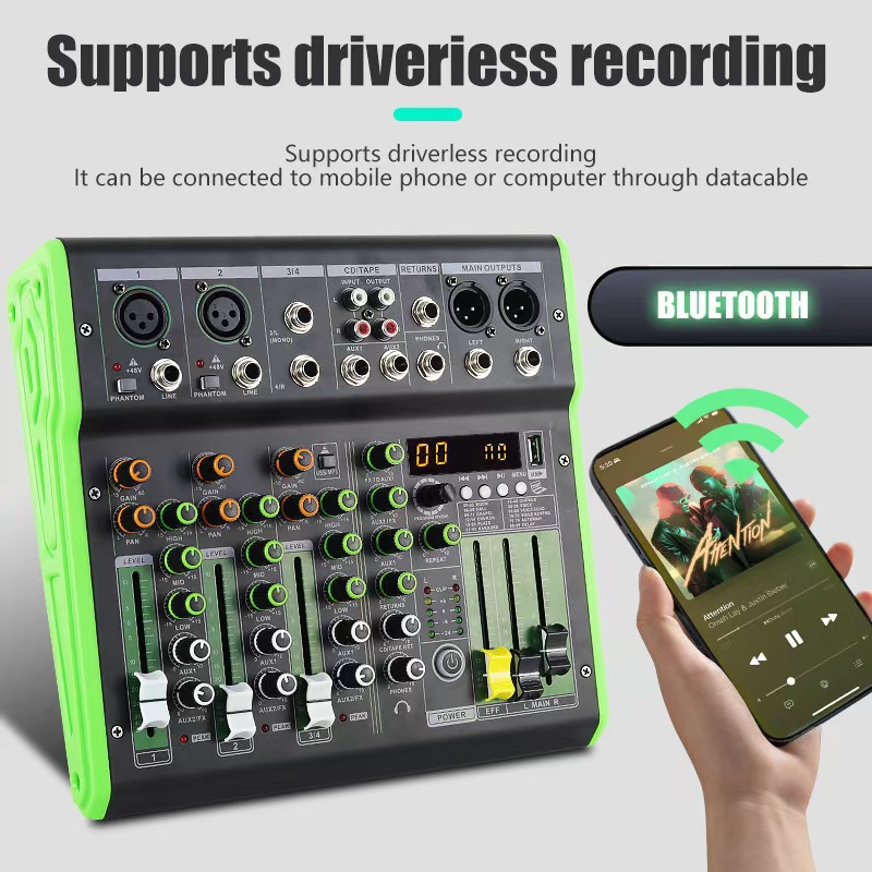 Transfronterizo de cuatro caminos mezclador pequeño tarjeta de sonido de teléfono móvil computadora Audio Mixer grabadora de efectos DSPX profesional
