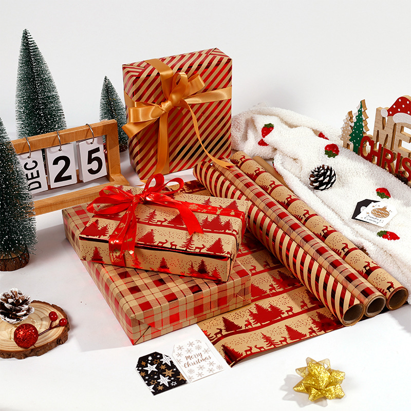 Transfronterizo amazonas rojo estampado navidad nieve ciervo cuadrado rayas embalaje de regalo kraft DIY al por mayor en stock