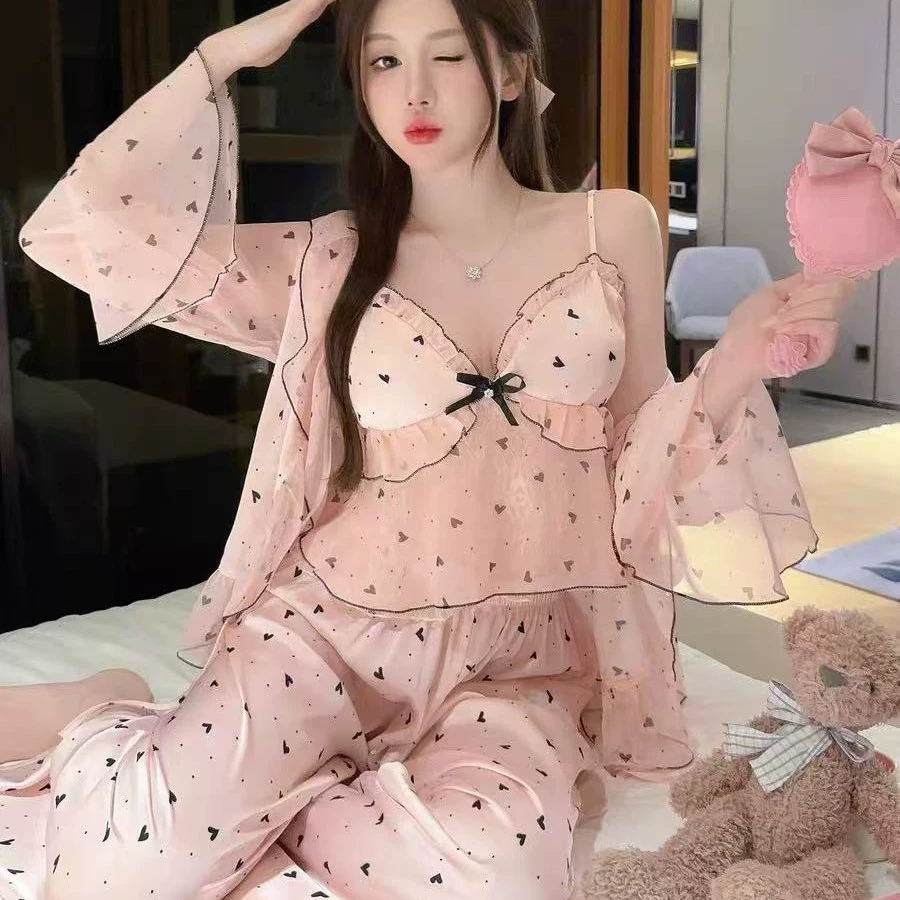 [Набор из четырех частей вишневого цвета] весной и летом новая пижама из ледяного шелка