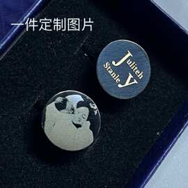 一件印刷图片男士袖扣不锈钢圆形15mm镭射刻字简约跨境饰品