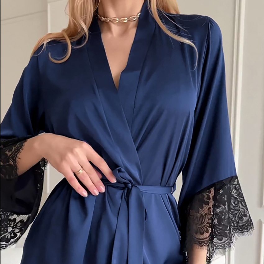 Sommerlicher, sexy Satin-Bademantel mit Spitze, langen Ärmeln, luxuriöser Komfort, Loungewear im Influencer-Stil_voghion.com