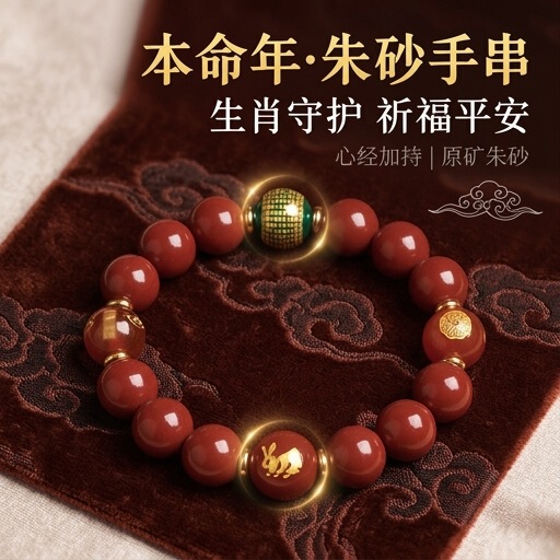 2026 Zodiac Year Cinnabar Twelve Zodiac Bracelet Purple Gold Sand Heart Sutra Single Circle Bracelet Couple Style Year of the Rabbit for Men and Women