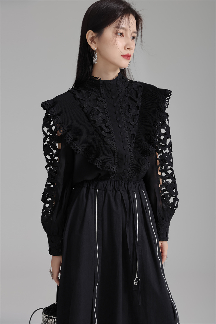 法米姿 早春新款宫廷风法式刺绣镂空衬衫显瘦别致立领上衣