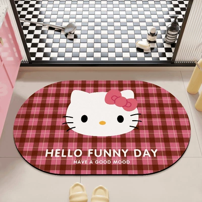 for the toilet entrance, absorbent and | Avtomobil döşəmə paspasları - hello-kitty-pink-checkered-big-head-40x60cm-diatom-mud