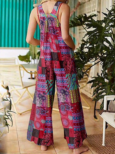 Women's Floral Print Overalls Casual Straps Jumpsuit with