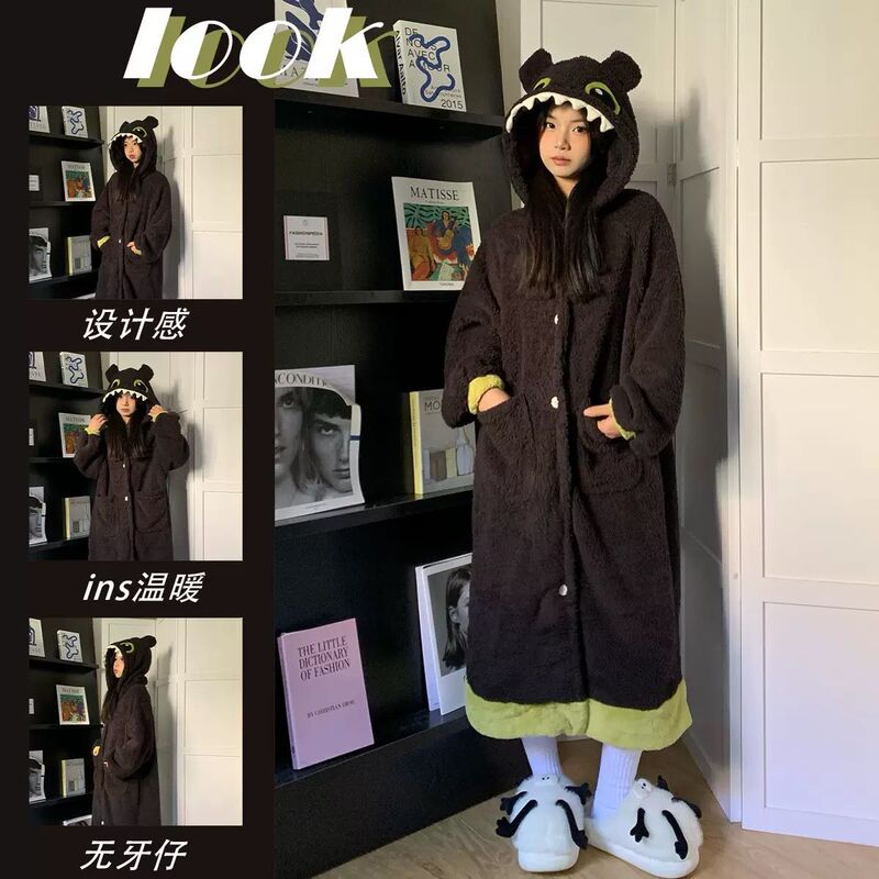 Internet Celebrity Toothless Thick Coral Fleece Pajamas for Women, Autumn and Winter Flannel Bathrobe, Home Wear Set for Outerwear Internet Celebrity Toothless Thick Coral Fleece Pajamas for Women, Autumn and Winter Flannel Bathrobe, Home Wear Set for Outerwear
