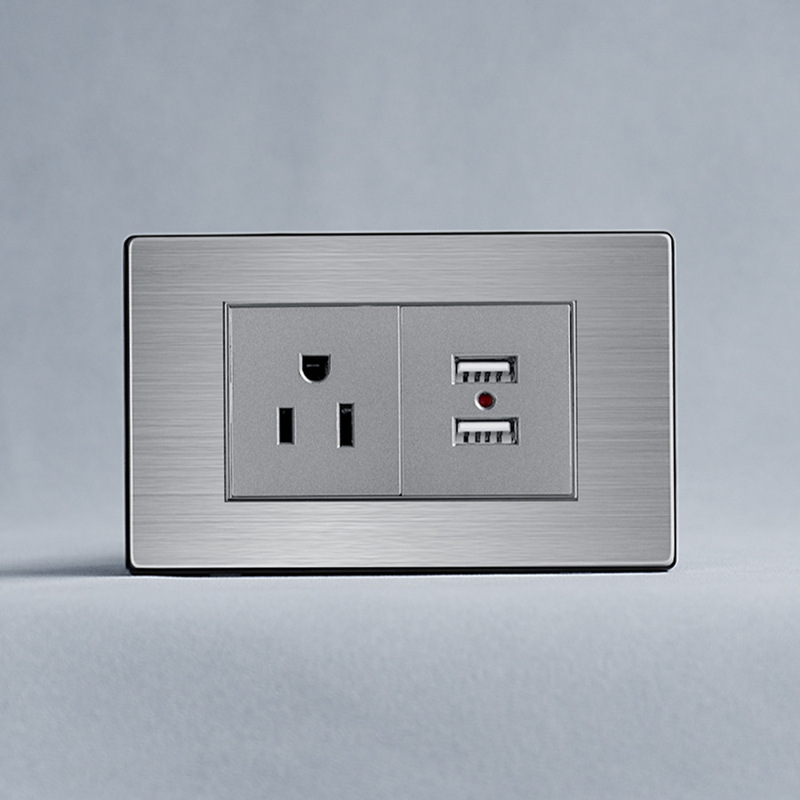 South American Series Stainless Steel Panel USB Charging Socket 118*72 American Three-Hole Double Typea Wall Socket