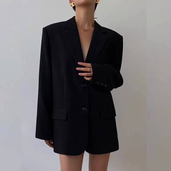 Áo blazer nữ dáng suông cổ vest hai nút tay dài phong cách Hàn Quốc — Màu đen [mẫu chất lượng cao], Nâu, màu xanh đậm, màu xám đậm