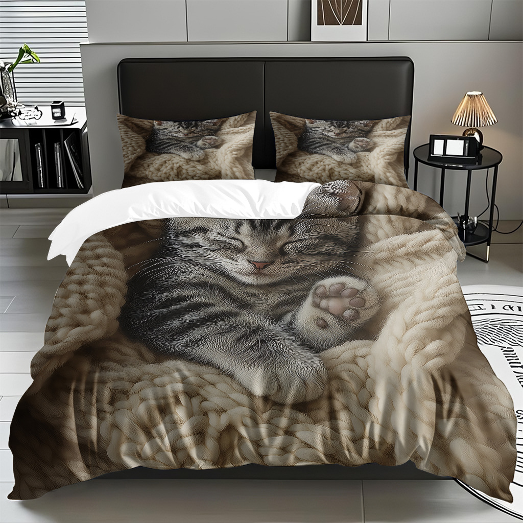 TEMU / JIT adorable gatito impresión digital suave set de colcha de edredón textil para el hogar se puede diseñar venta directa de fábrica