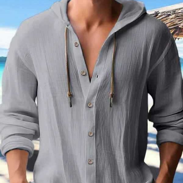 Cross-Border Amazon New Fashion Spring and Summer Men's Hooded Shirt Solid Color Cotton and Linen Casual Long-Sleeved Top