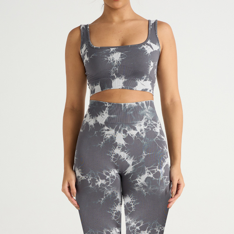 Nuevo traje de yoga de secado rápido de cadera deportivo de cintura alta sin costuras europeo y americano de tres piezas pantalones de yoga de teñido ajustado para mujer