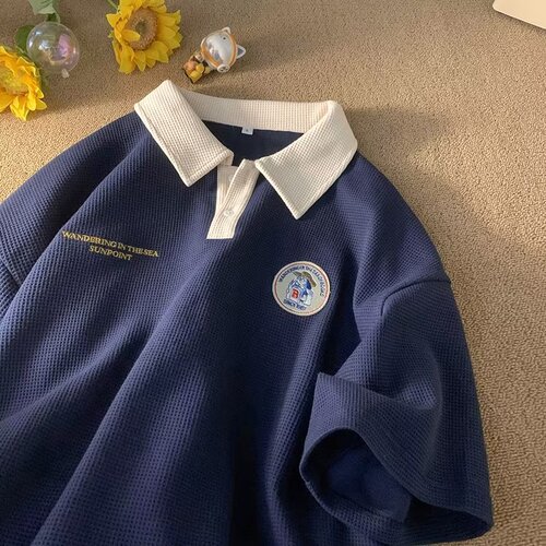 Chic Men Summer Fashion Versatile Literary Trend Short-Sleeve Polo Shirt Standard Japanese Youth Popular