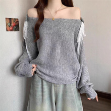 蕾丝拼接系带蝴蝶结露肩毛衣女秋冬软糯慵懒风宽松显瘦针织衫上衣