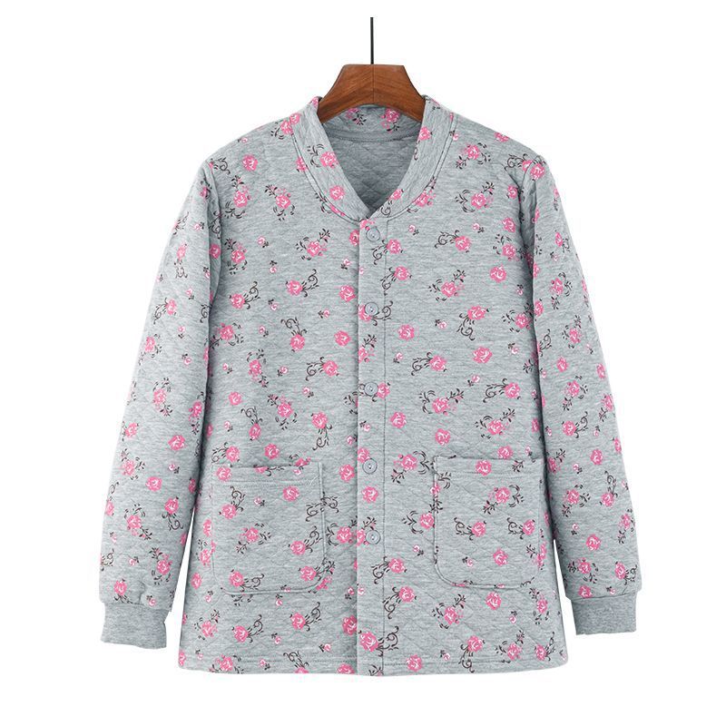 중노인용 여성용 3겹 누비 보온 속옷 세트, 두꺼운 면, 어머니용 가디건, 노인용 가정복