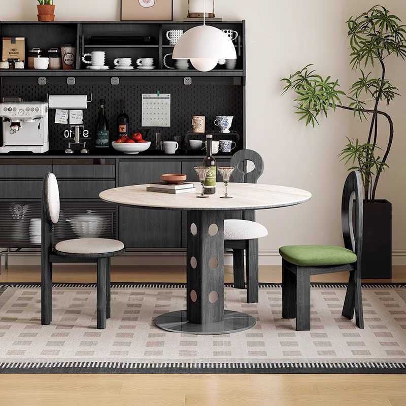 New Style Home Small Apartment Mid-Century Style Solid Wood Slate Dining Table Round Round Table French Style Home Retro Simple Dining Table